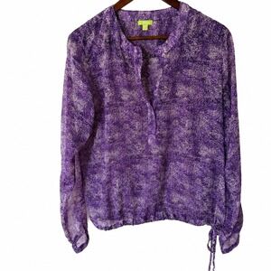 Tristan Purple sheer Abstract Print Blouse Long Sleeve Button Neck Side Tie SZ L